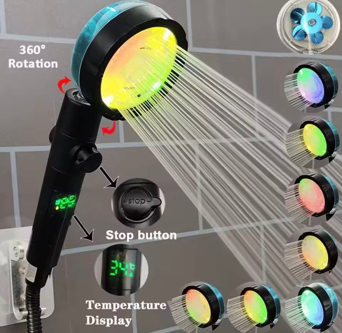 LED Digital Temperature Display Shower Head- High Pressure Rainfall With Color Changing Light
